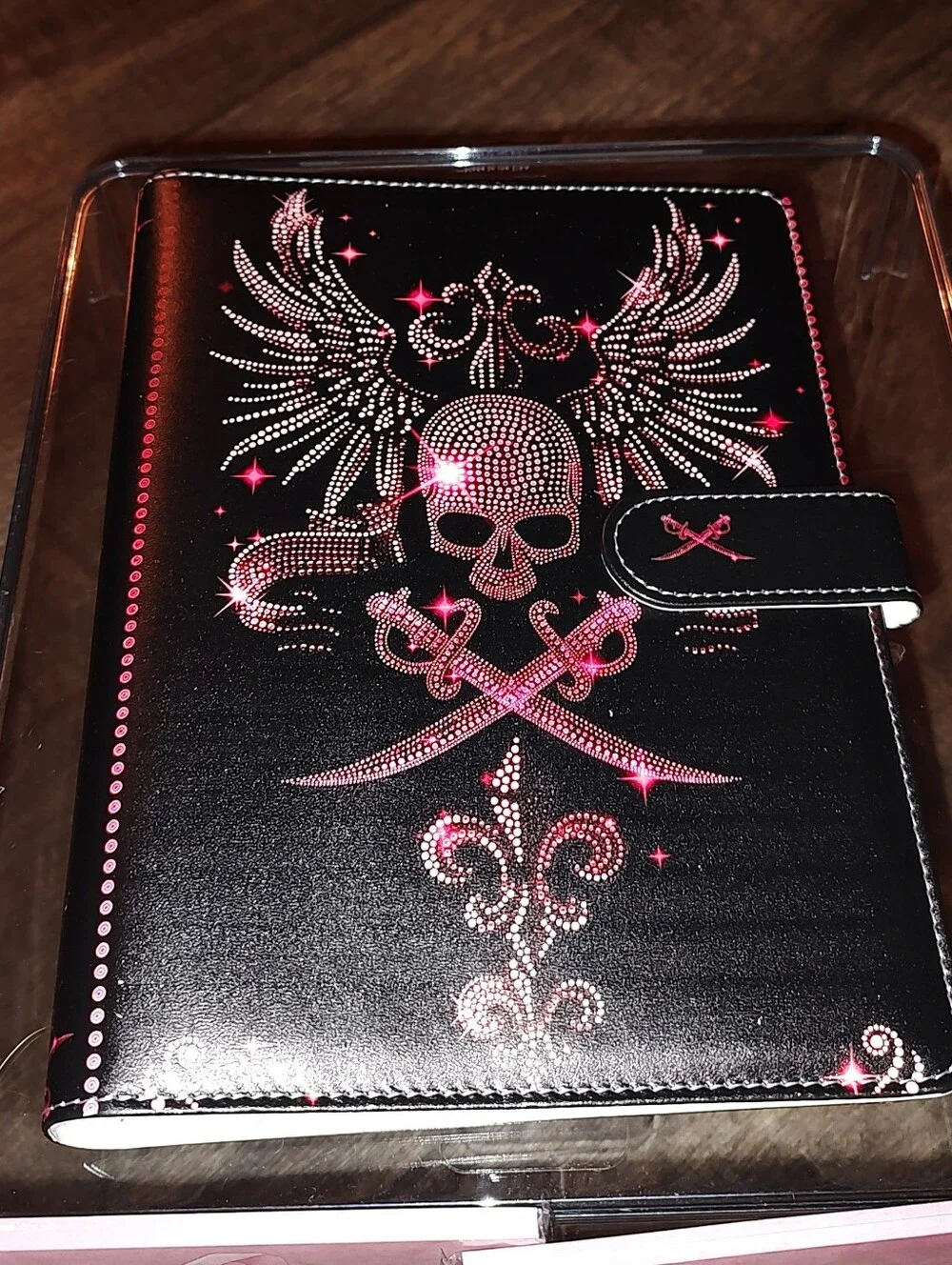 New! A6 PU Soft Leather Black Journal with Pink Rhinestone Skull & Wings